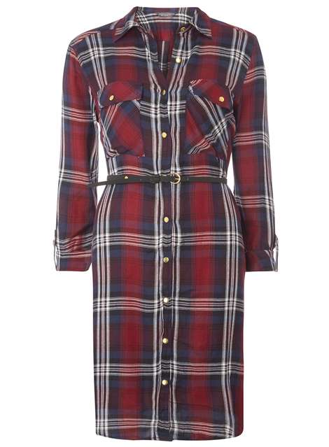**Tall Red Check Belted Shirt Dress